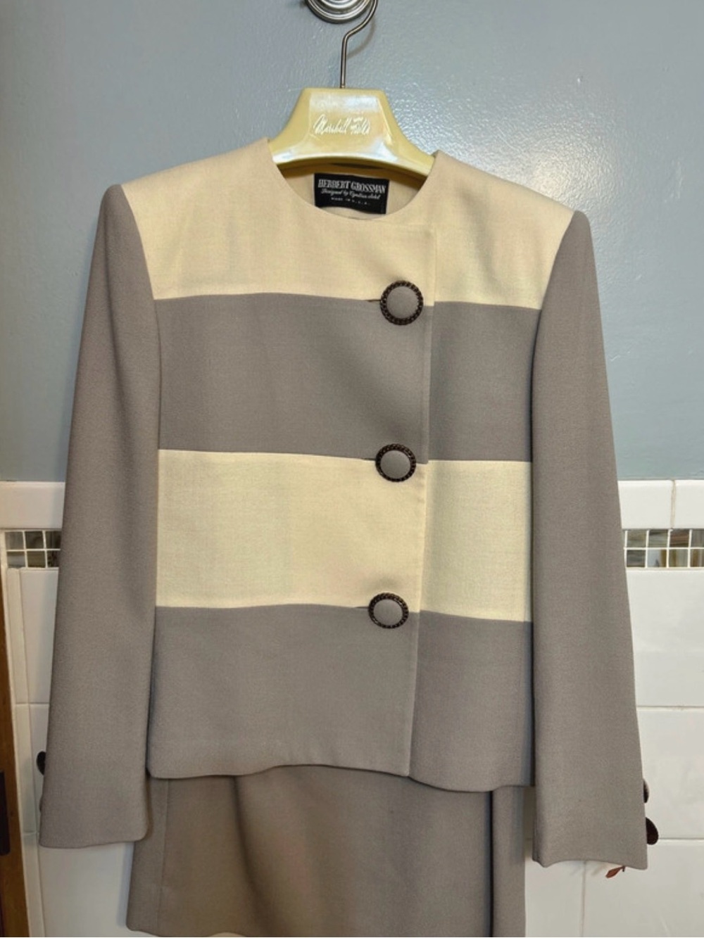 Herbert Grossman Taupe and Cream Colorblock Crewneck Suit Jacket